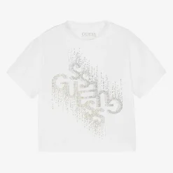 Guess Junior Girls White Cotton Diamanté T-Shirt Hot