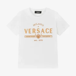 Versace Junior White & Gold Logo Cotton T-Shirt Sale