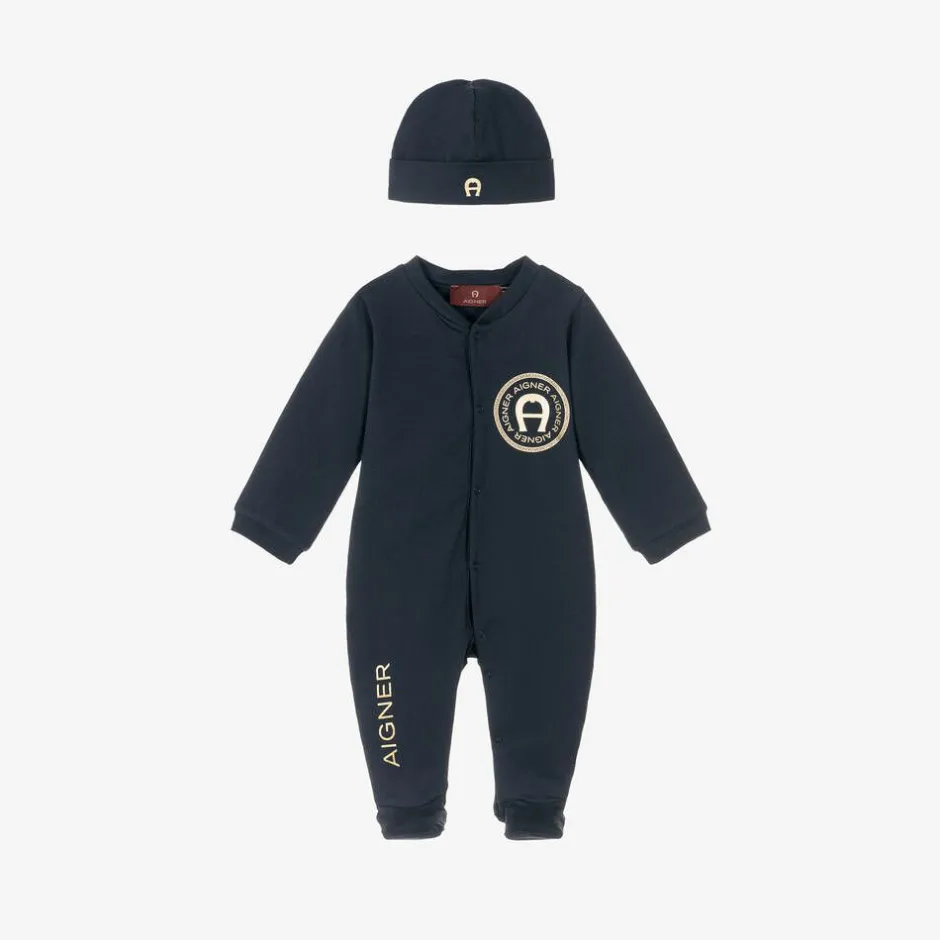 AIGNER Navy Blue Cotton Babysuit Set New