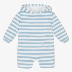 Mitty James Pale Blue Stripe Towelling Baby Beach Romper Discount