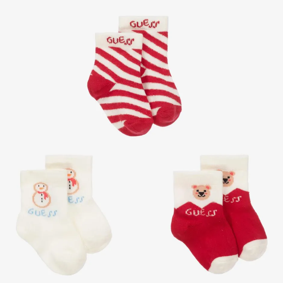Guess Red & Ivory Cotton Baby Socks (3 Pack) Sale