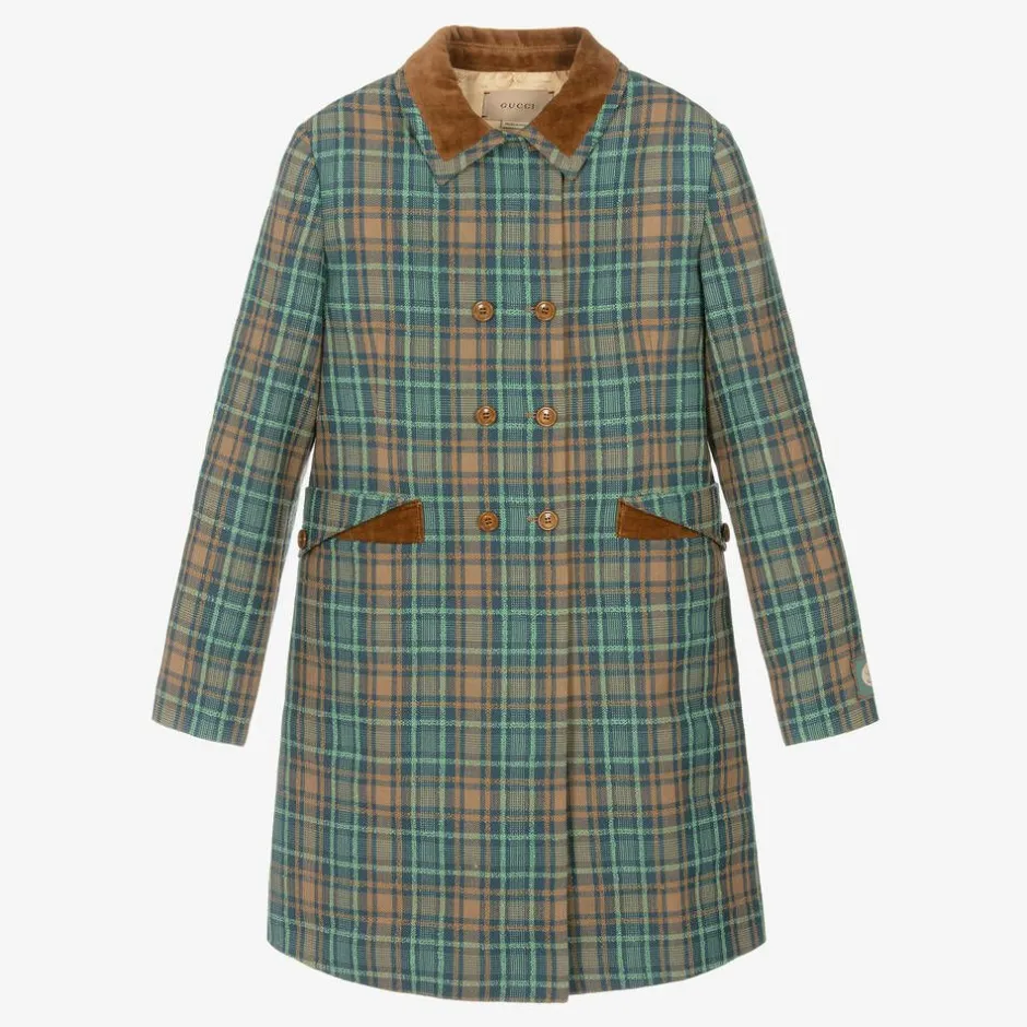 Gucci Teen Girls Blue & Brown Wool Check Coat Outlet