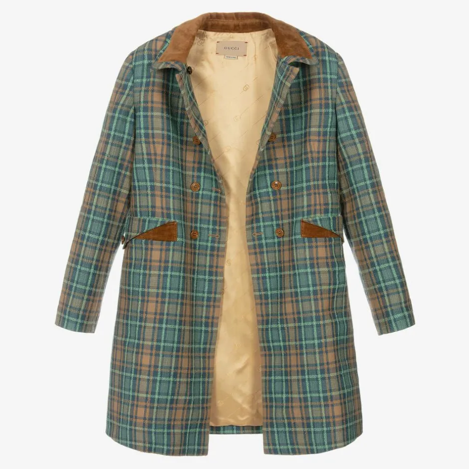 Gucci Teen Girls Blue & Brown Wool Check Coat Outlet