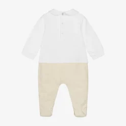 Moschino Baby White & Beige Organic Cotton Babygrow Outlet