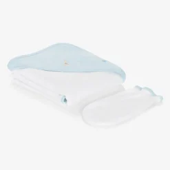 Kissy Kissy White & Blue Cotton Hooded Towel & Mitt Set Clearance