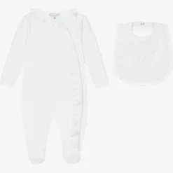 Beatrice amp; George White Cotton Babygrow & Embroidered Bib Set Discount