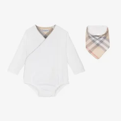 Burberry White Cotton Babysuit Gift Set Clearance