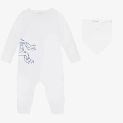 Burberry White Cotton EKD Babysuit Gift Set Online