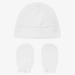 Babidu White Cotton Hat & Mittens Set Sale