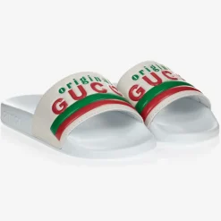 Gucci White Leather Logo Sliders Discount