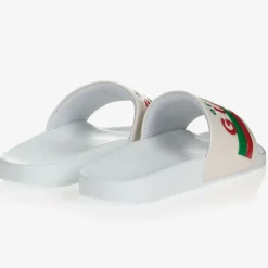 Gucci White Leather Logo Sliders Discount