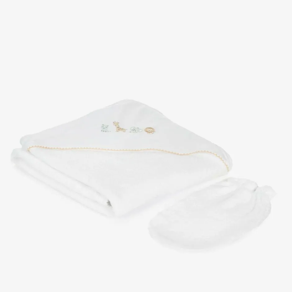Kissy Kissy White Safari Squad Hooded Towel & Mitt Set New