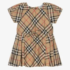Burberry Baby Girls Beige Cotton Check Bow Dress Hot