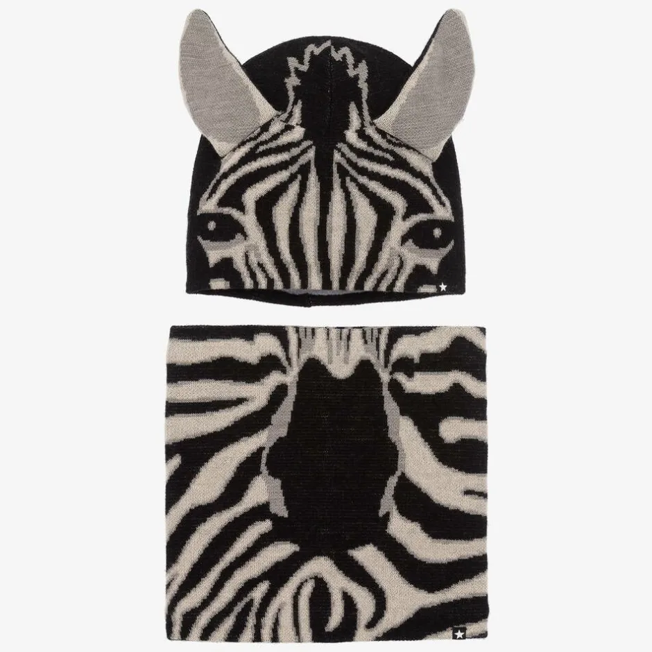 Molo Black Wool Knit Zebra Hat & Snood Set