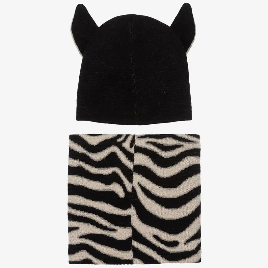 Molo Black Wool Knit Zebra Hat & Snood Set