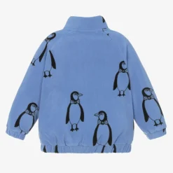 Mini Rodini Blue Penguin Print Zip-Up Fleece Top Outlet