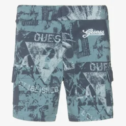 Guess Boys Blue Cotton Palm Tree Cargo Shorts Discount