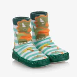 Powell Craft Boys Green Dinosaur Slipper Socks New