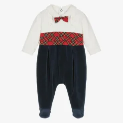 Emile et Rose Boys Navy Blue Velour Tartan Babygrow Discount