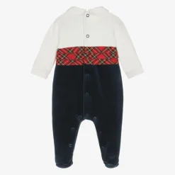 Emile et Rose Boys Navy Blue Velour Tartan Babygrow Discount
