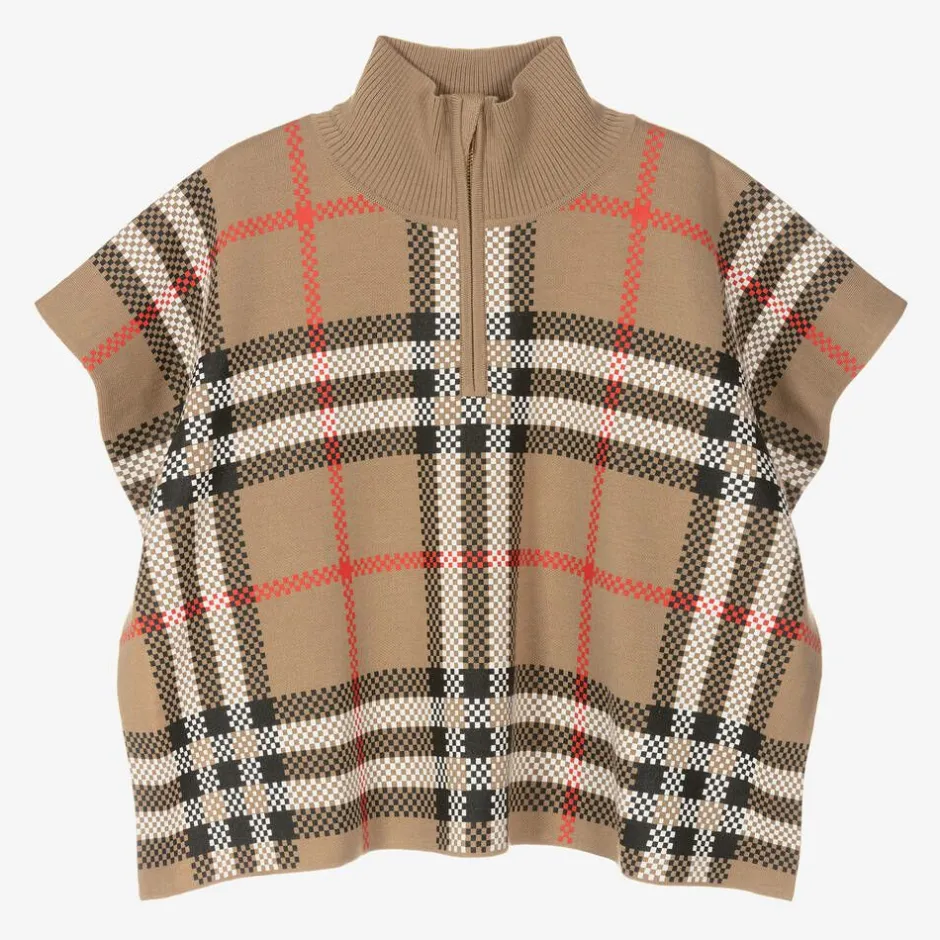 Burberry Girls Beige Check Wool Cape Discount
