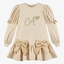 A Dee Girls Beige Cotton Bow Dress