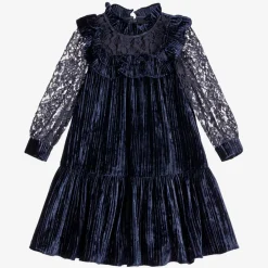Childrensalon Occasions Girls Blue Velour & Lace Dress Outlet