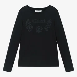 Chloé Girls Navy Blue Embroidered Cotton Top Sale