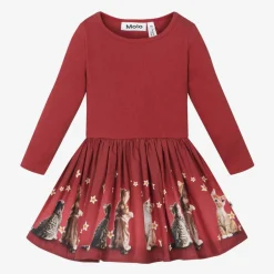 Molo Girls Red Organic Cotton Kittens Dress New