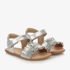 Tip Toey Joey Girls Silver Leather Ruffle Sandals Hot
