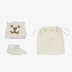 Guess Ivory Cotton Knit Baby Hat & Booties Set Online