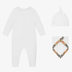 Burberry White Cotton Check Babysuit Gift Set Outlet